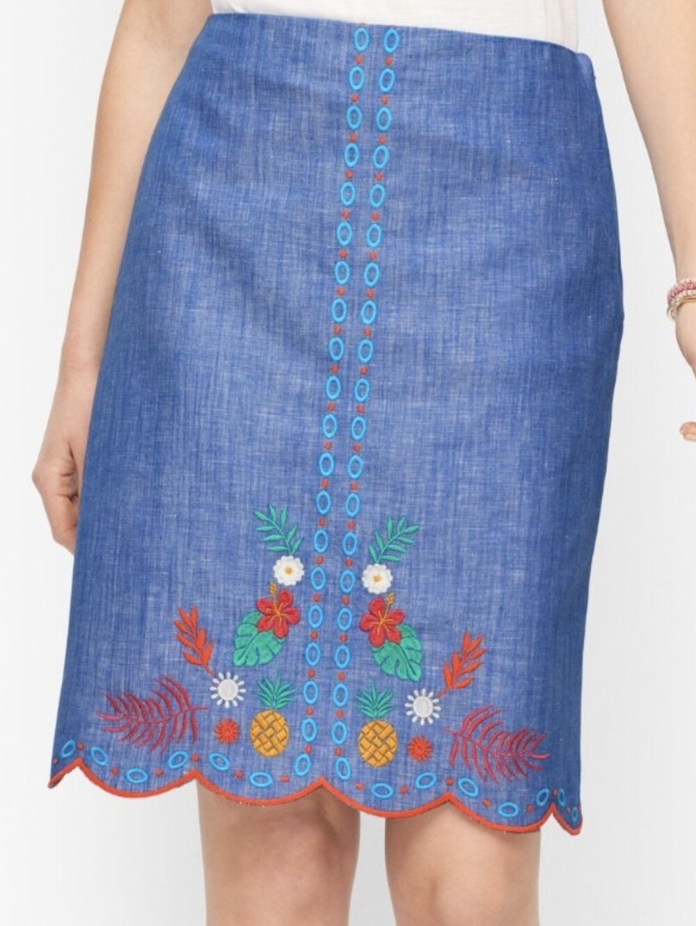 Talbots Chambray A-Linen Cotton Blend Embroidered Skirt Size 8